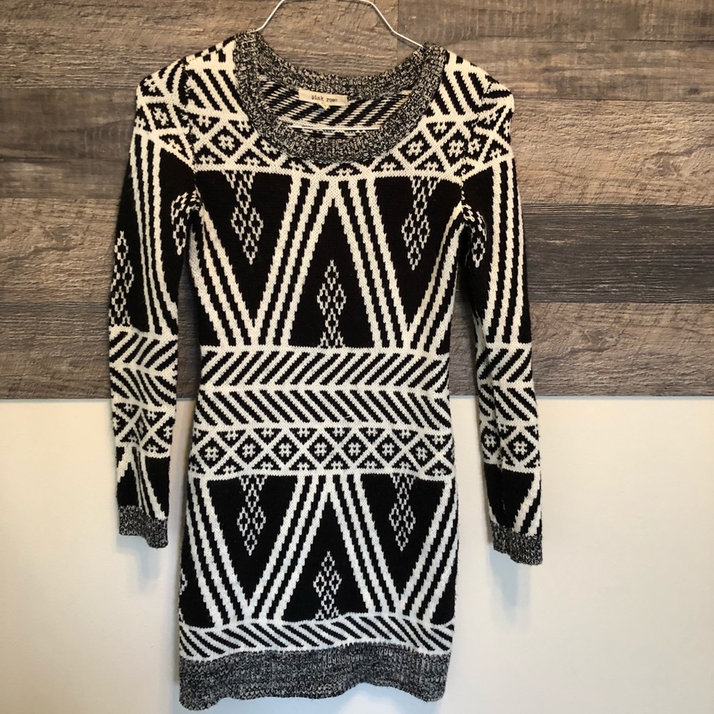 Pink rose black and white detail sweater dress